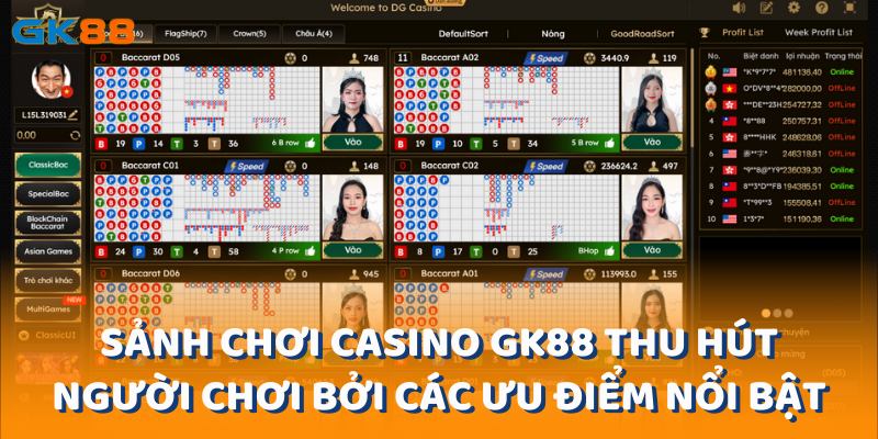 Sảnh chơi casino gk88 thu hút người chơi bởi các ưu điểm nổi bật